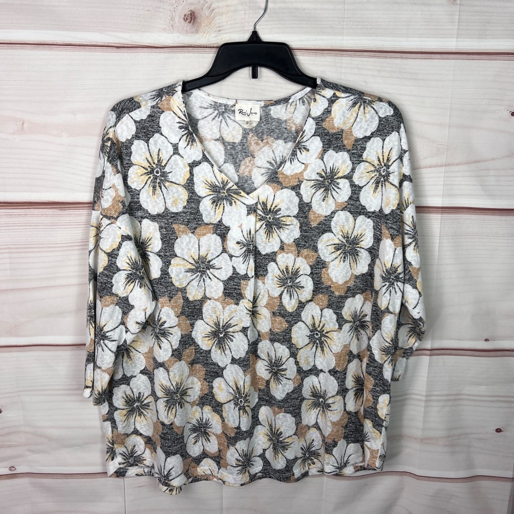 Remi James Top Womens 1X Black Floral Hibiscus Print Blouse V-Neck 3/4 Sleeve